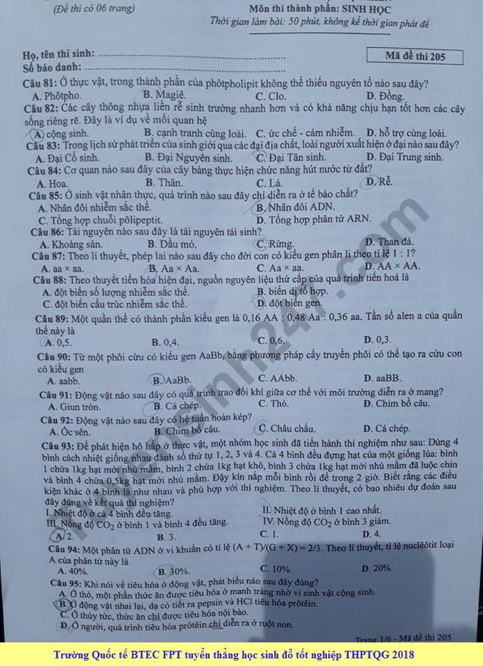 Dap an cua Bo GD de thi THPT Quoc Gia 2018 mon Sinh - ma de 205