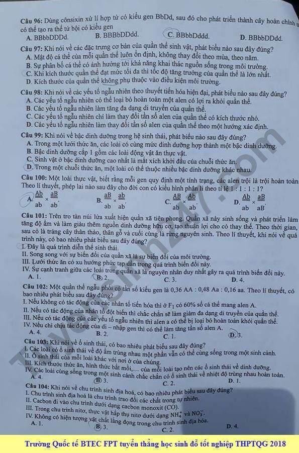 Dap an cua Bo GD de thi THPT Quoc Gia 2018 mon Sinh - ma de 205