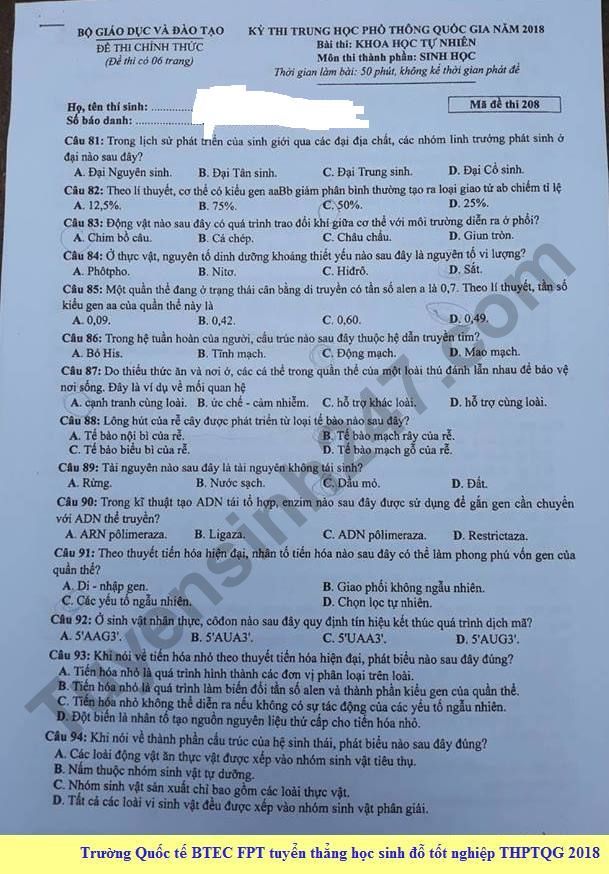 Dap an cua Bo GD de thi THPT Quoc Gia 2018 mon Sinh - ma de 208