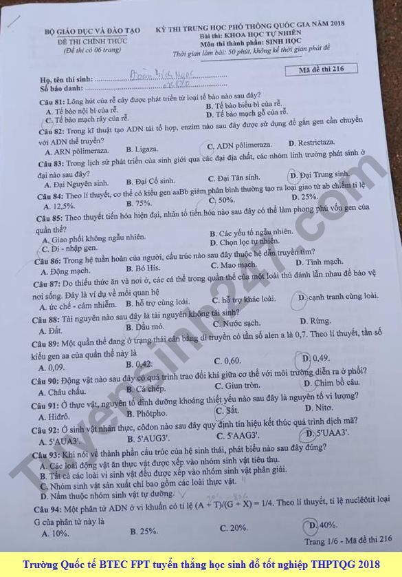 Dap an cua Bo GD de thi THPT Quoc Gia 2018 mon Sinh-ma de 216