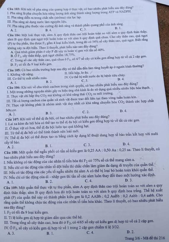 Dap an cua Bo GD de thi THPT Quoc Gia 2018 mon Sinh-ma de 216
