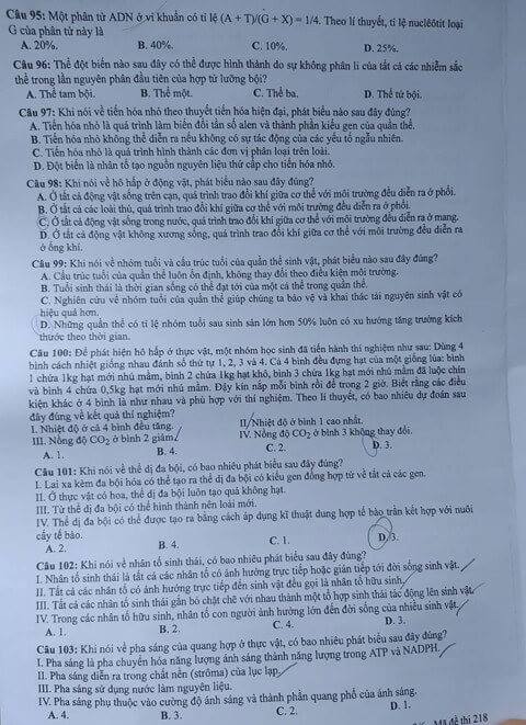 Dap an cua Bo GD de thi THPT Quoc Gia 2018 mon Sinh-ma de 218