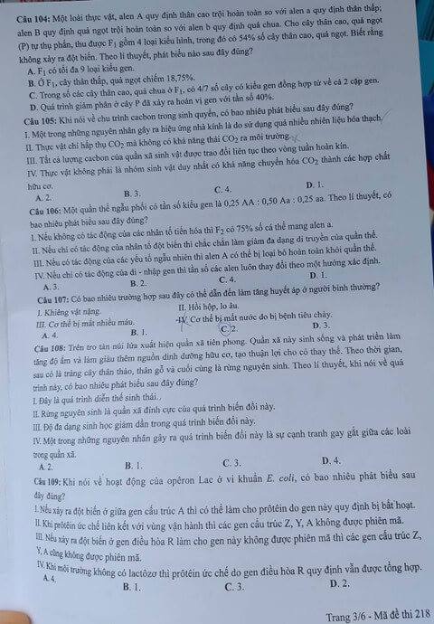 Dap an cua Bo GD de thi THPT Quoc Gia 2018 mon Sinh-ma de 218