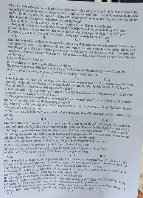 Dap an cua Bo GD de thi THPT Quoc Gia 2018 mon Sinh-ma de 218