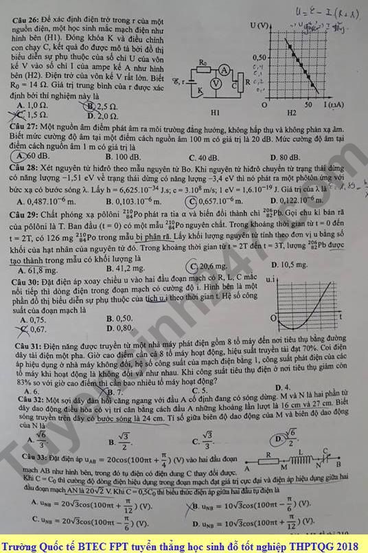 Dap an mon Ly THPT Quoc gia 2018 - ma de 210 cua Bo GD