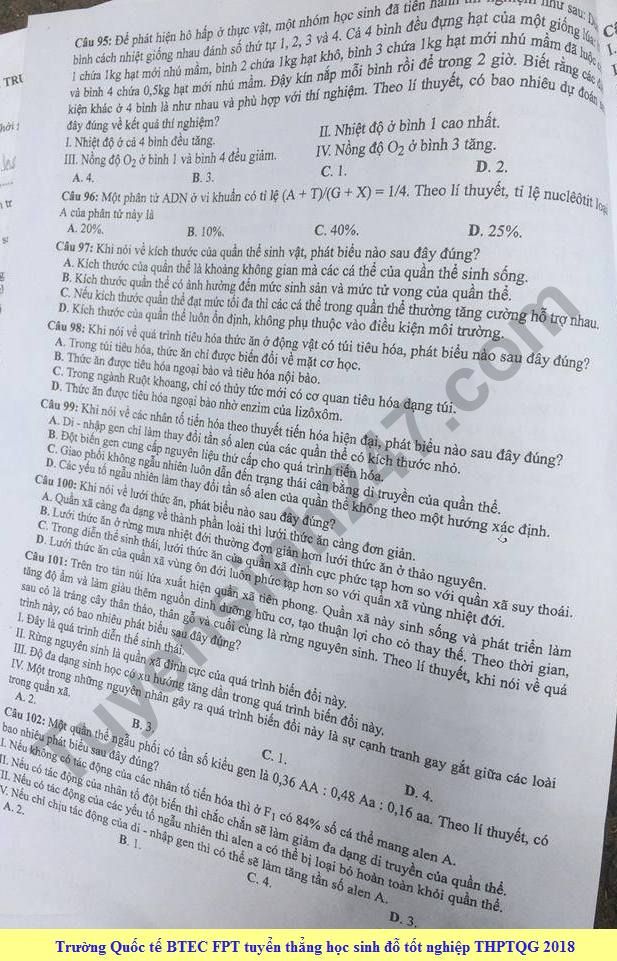 Dap an cua Bo GD de thi mon Sinh THPT Quoc Gia 2018 - ma de 207