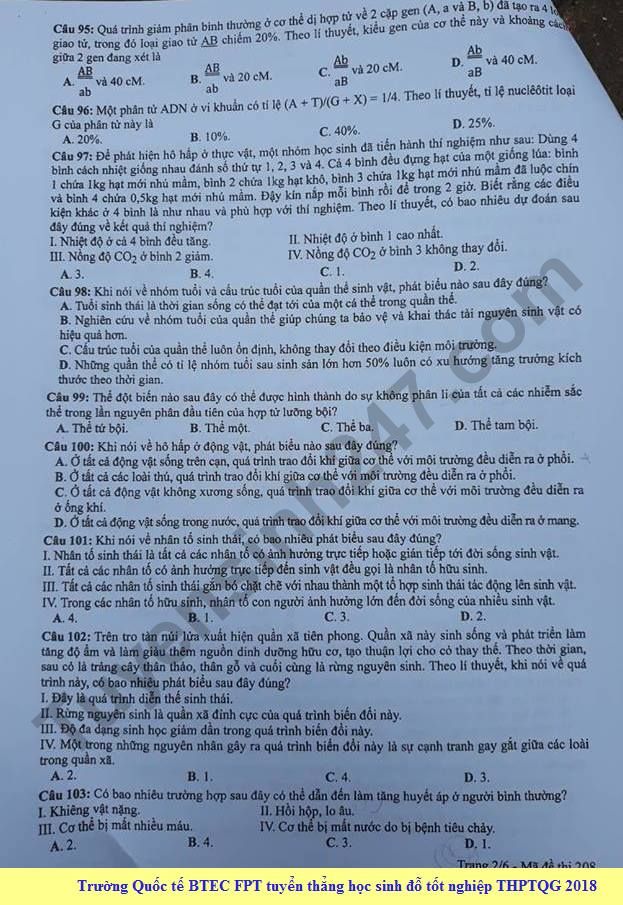 Dap an cua Bo GD de thi THPT Quoc Gia 2018 mon Sinh - ma de 208