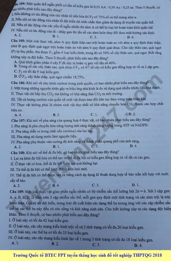 Dap an cua Bo GD de thi THPT Quoc Gia 2018 mon Sinh - ma de 208