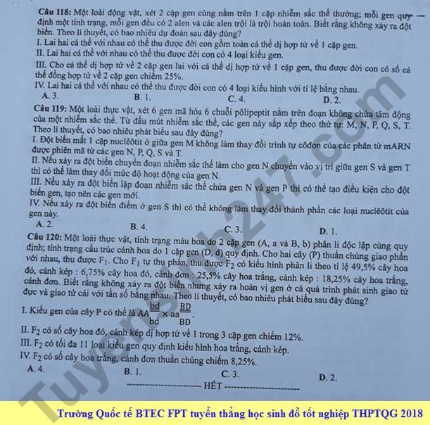 Dap an cua Bo GD de thi THPT Quoc Gia 2018 mon Sinh - ma de 208