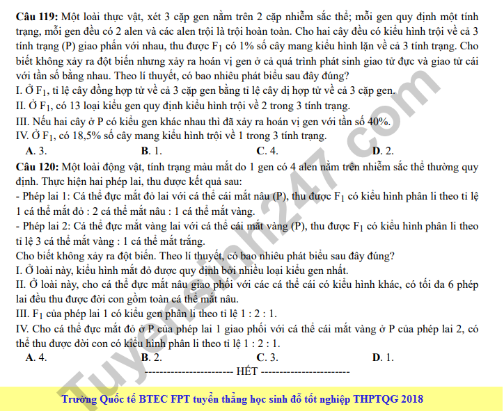 Dap an cua Bo GD de thi mon Sinh THPT Quoc Gia nam 2018-ma de 215