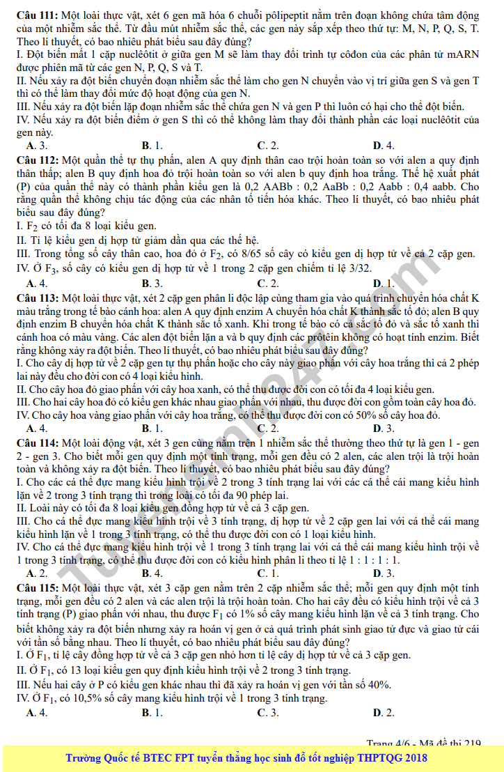 Dap an cua Bo GD de thi mon Sinh THPT Quoc Gia 2018 - ma de 219