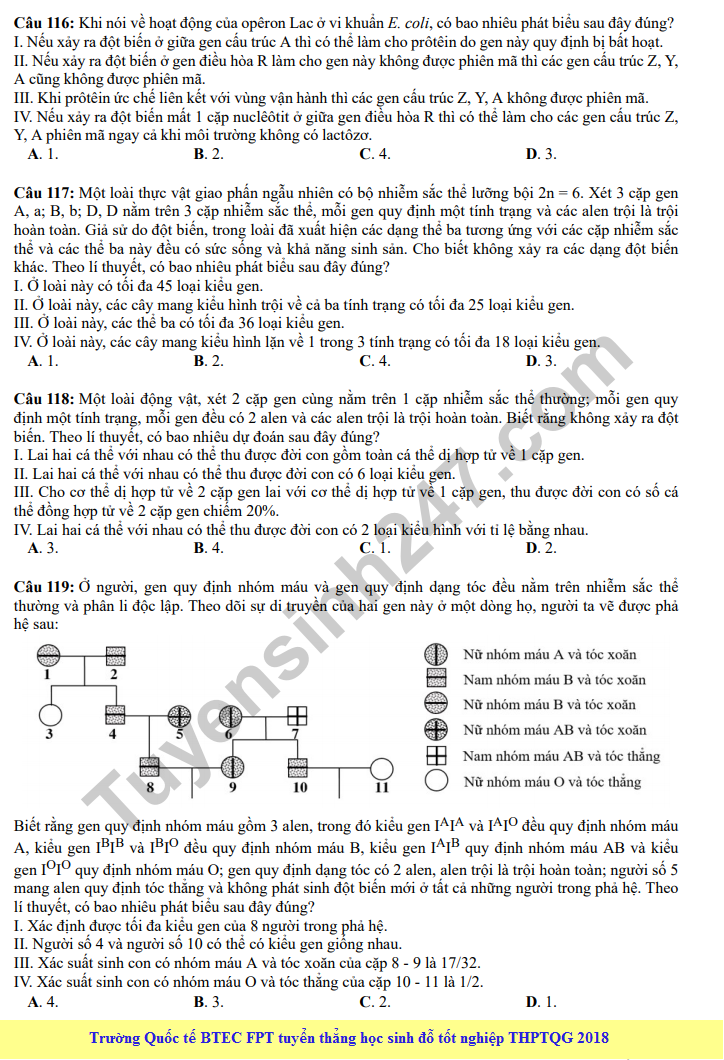 Dap an cua Bo GD de thi mon Sinh THPT Quoc Gia 2018 - ma de 219