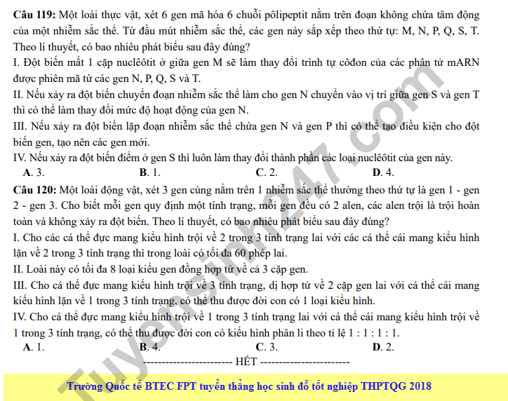 Dap an cua Bo GD de thi THPT Quoc Gia 2018 mon Sinh - ma de 209