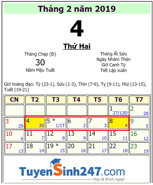 Lich nghi tet 2019 - Duong lich va am lich ky hoi