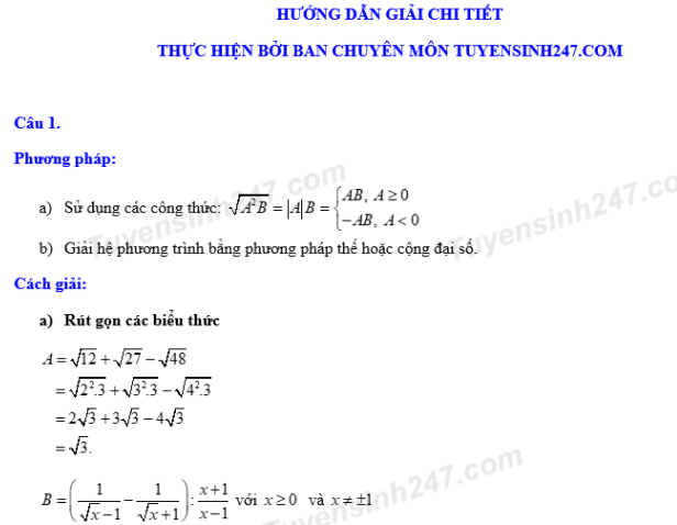 Dap an de thi vao lop 10 mon Toan tinh Ben Tre nam 2018