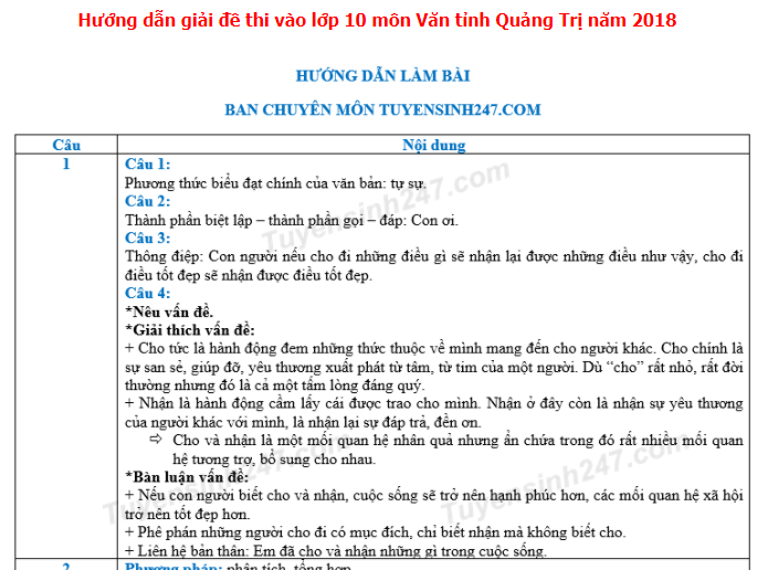 Dap an de thi vao lop 10 mon Van tinh Quang Tri nam 2018