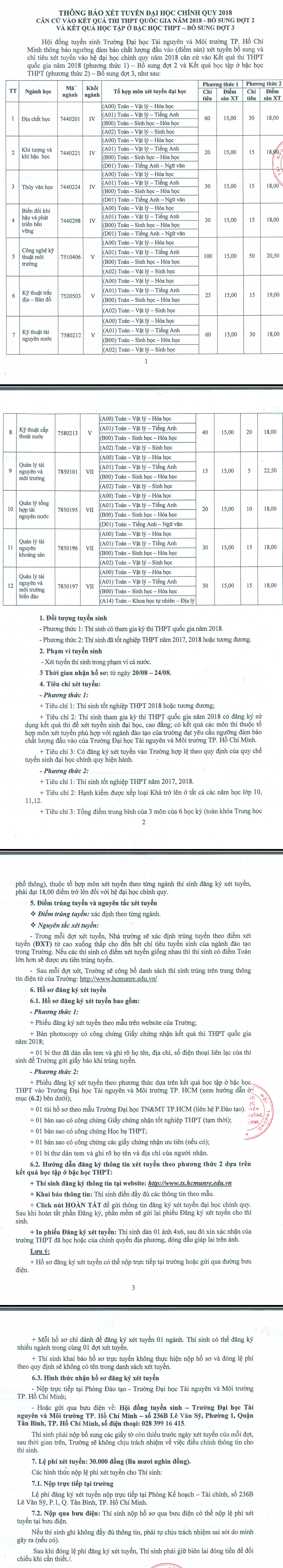 Dai hoc Tai nguyen va moi truong TPHCM xet tuyen bo sung dot 2