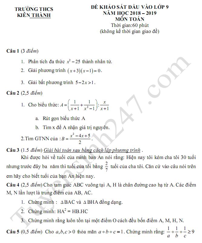 De khao sat chat luong dau vao lop 9 mon Toan 2018