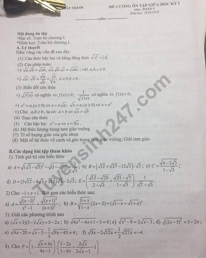 De cuong on tap giua ki 1 lop 9 mon Toan 2018 - THCS & THPT Nguyen Tat Thanh
