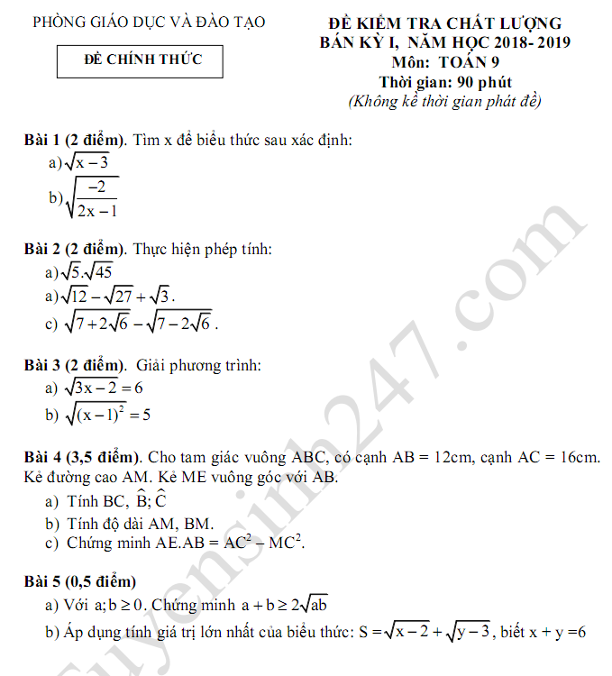 De thi giua ki 1 lop 9 mon Toan 2018 co dap an