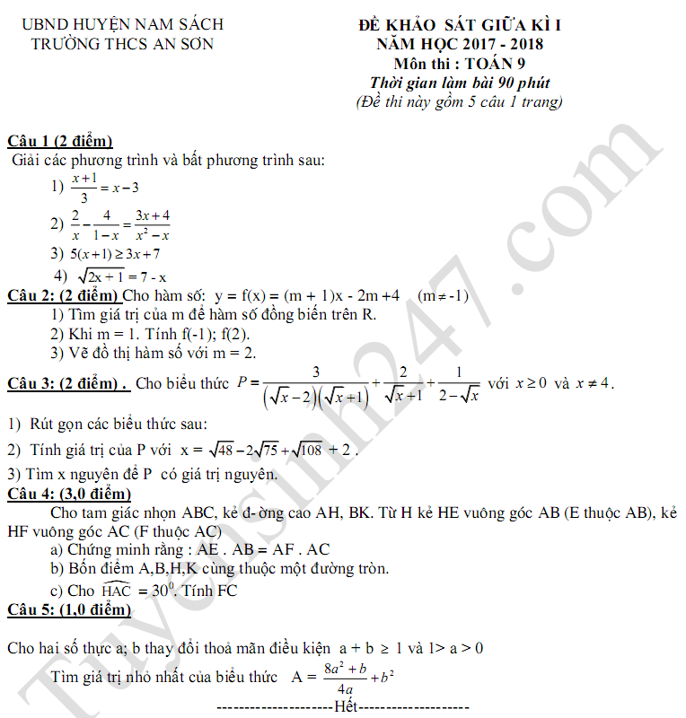 De thi giua ki 1 lop 9 mon Toan 2018 - THCS An Son