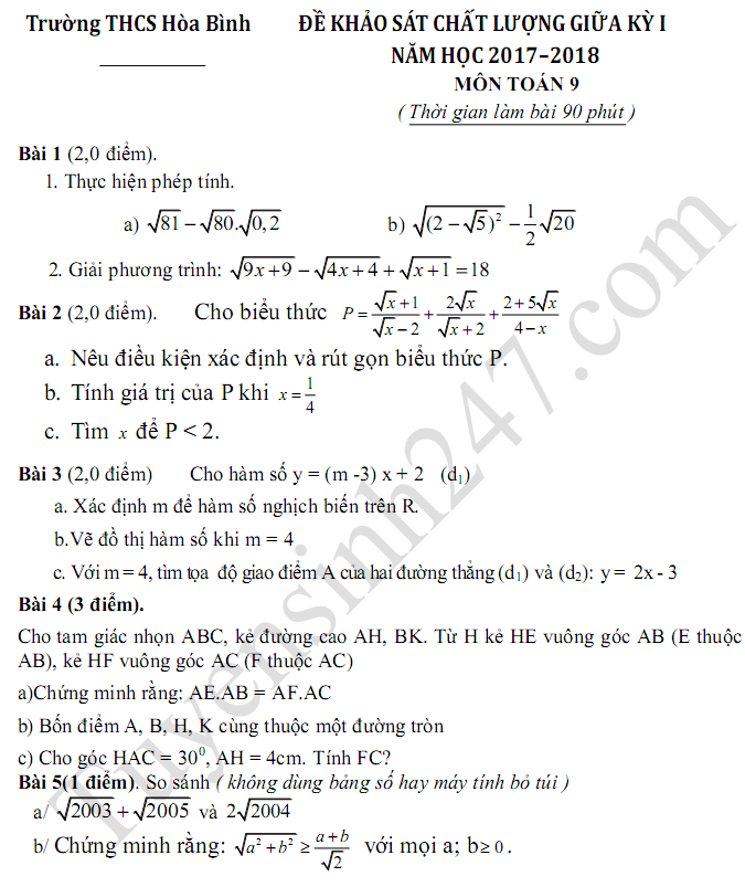 De thi giua ki 1 lop 9 mon Toan 2018 - THCS Hoa Binh