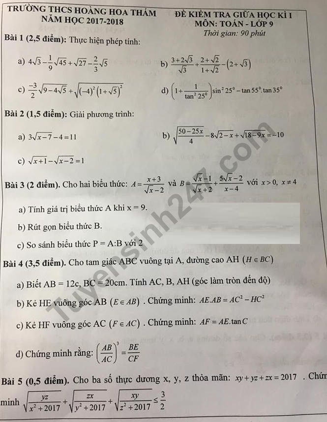 De thi giua ki 1 lop 9 mon Toan 2018 - THCS Hoang Hoa Tham