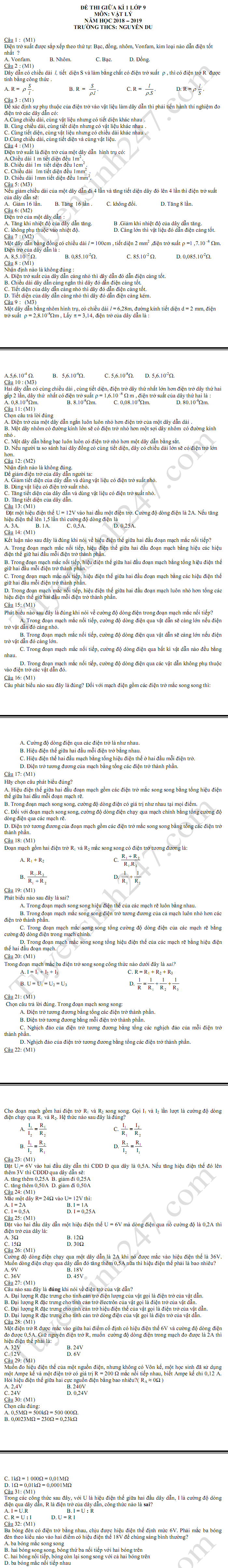 De thi giua ki 1 lop 9 mon Ly 2018 - THCS Nguyen Du