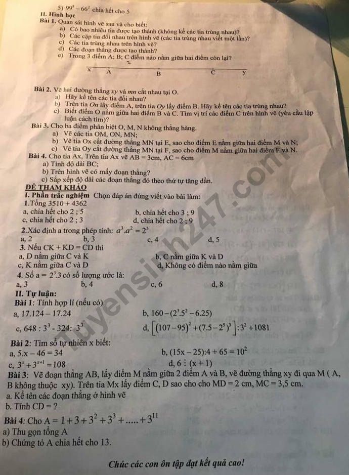 De cuong on tap giua ki 1 mon Toan lop 6 - THCS Dich Vong Hau 2018