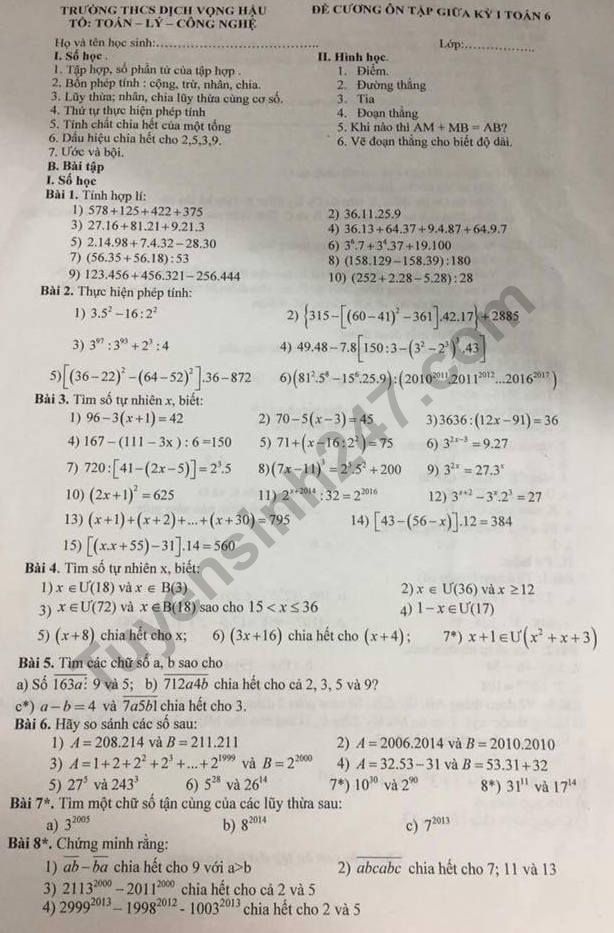 De cuong on tap giua ki 1 mon Toan lop 6 - THCS Dich Vong Hau 2018