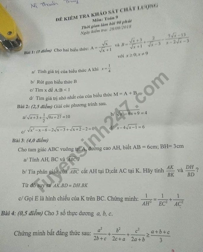 De thi giua ki 1 lop 9 mon Toan 2018 - THCS To Hoang