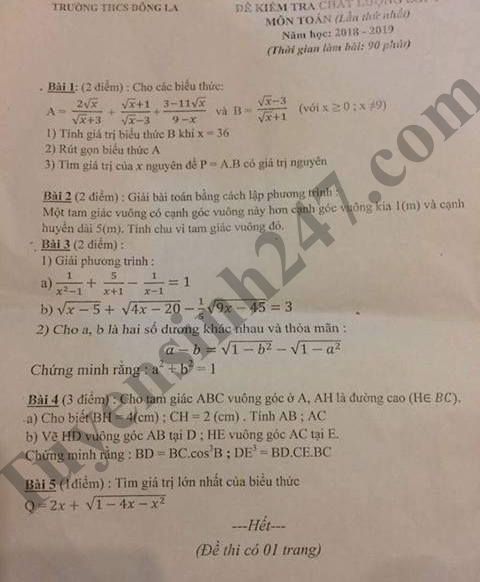 De thi giua hoc ki 1 mon Toan lop 9 - THCS Dong La nam 2018