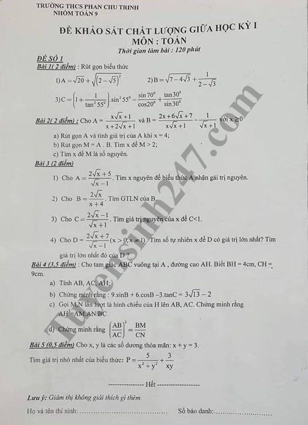 De thi giua hoc ki 1 mon Toan lop 9 - THCS Phan Chu Trinh nam hoc 2018-2019