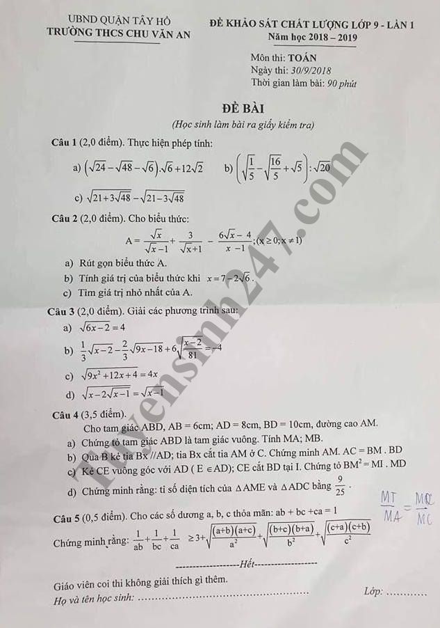 De thi giua hoc ki 1 mon Toan lop 9 - THCS Chu Van An nam hoc 2018-2019