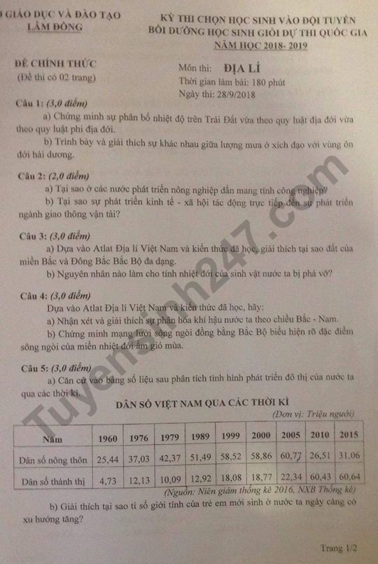 De thi chon hoc sinh gioi Quoc gia mon Dia 2019 - tinh Lam Dong