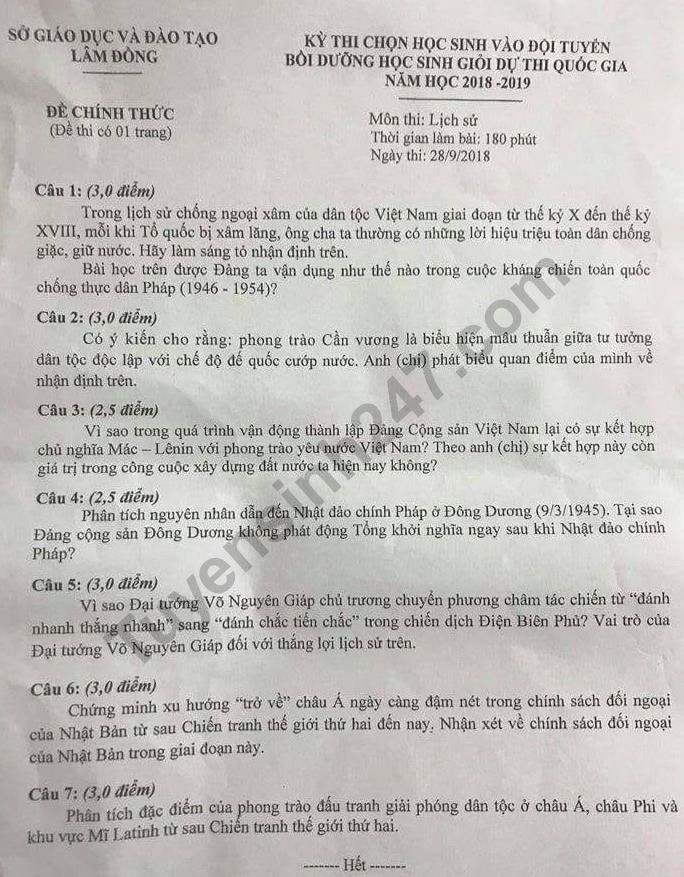 De thi chon hoc sinh gioi Quoc gia mon Su 2019 - tinh Lam Dong