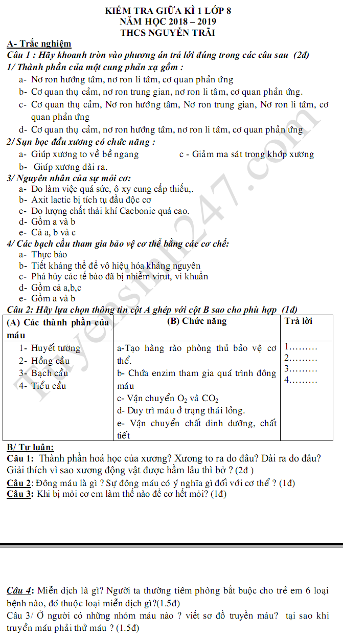 De thi giua ki 1 mon Sinh lop 8 nam 2018 - THCS Nguyen Trai