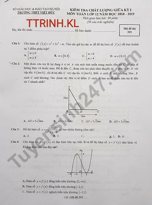 De thi giua ki 1 lop 12 mon Toan 2018 - 2019 THPT Viet Duc