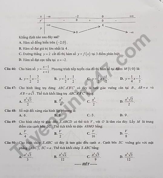 De thi giua ki 1 lop 12 mon Toan 2018 - 2019 THPT Viet Duc