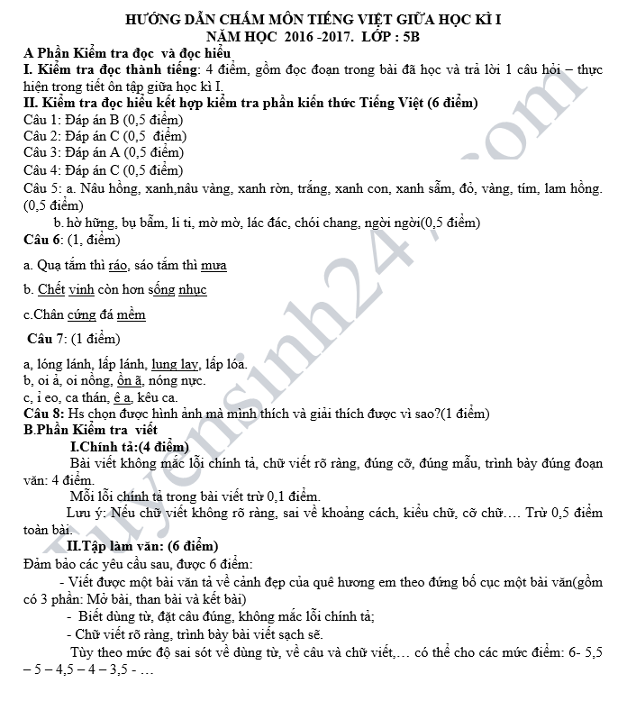 De kiem tra giua hoc ky 1 mon Tieng Viet lop 5 - Tieu hoc Son Mai nam 2018