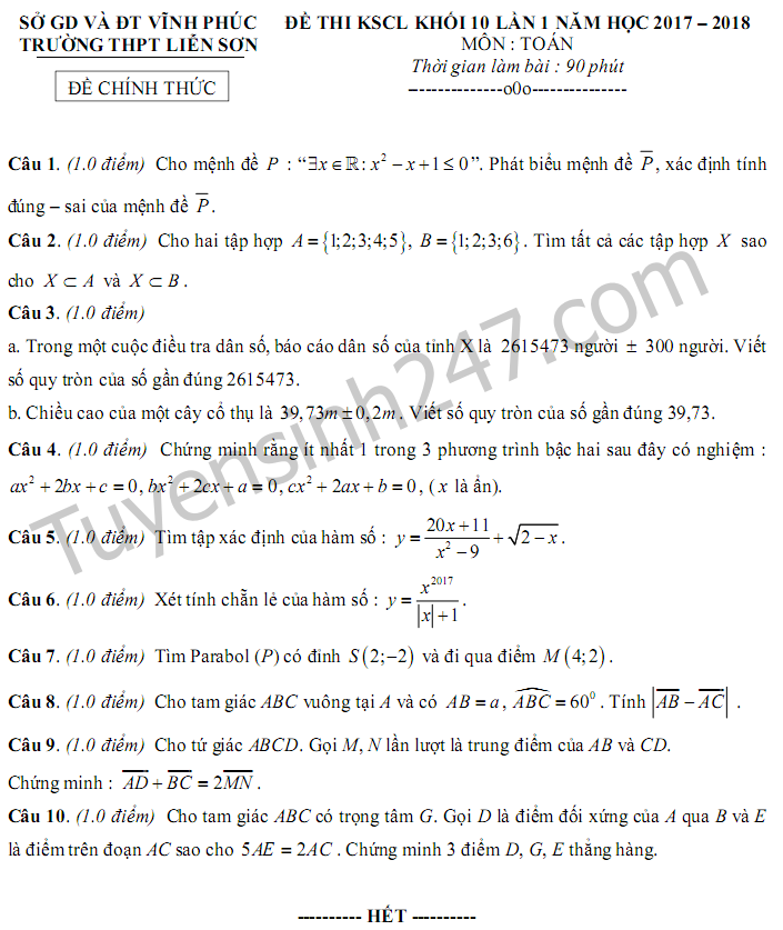 De thi giua ki 1 lop 10 mon Toan 2018 - THPT Lien Son
