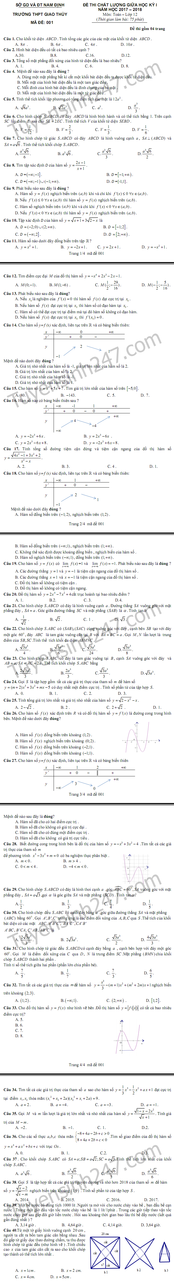 De thi giua ki 1 lop 12 mon Toan 2018 - THPT Giao Thuy
