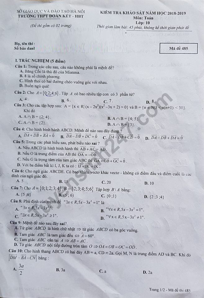 De thi giua ki 1 lop 10 mon Toan nam 2018 - THPT Doan Ket