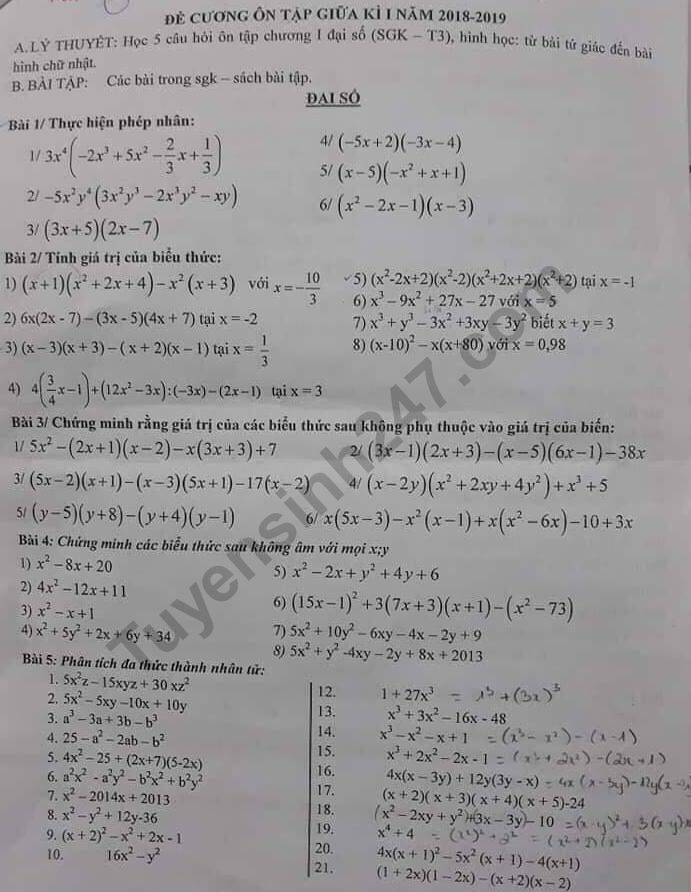 De cuong on tap giua ki 1 lop 8 mon Toan 2018 - THCS Dich Vong