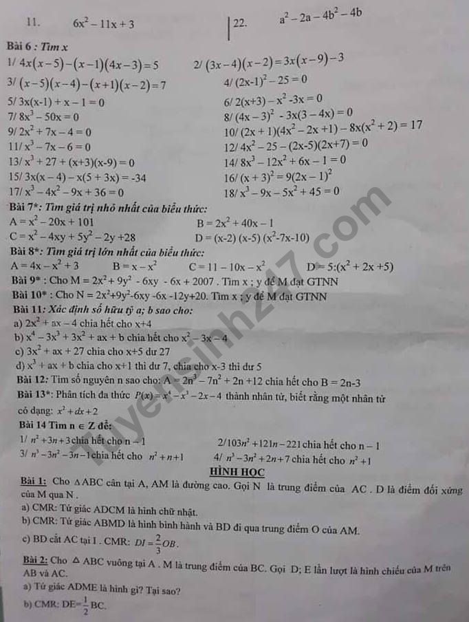 De cuong on tap giua ki 1 lop 8 mon Toan 2018 - THCS Dich Vong
