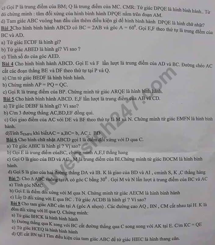 De cuong on tap giua ki 1 lop 8 mon Toan 2018 - THCS Dich Vong
