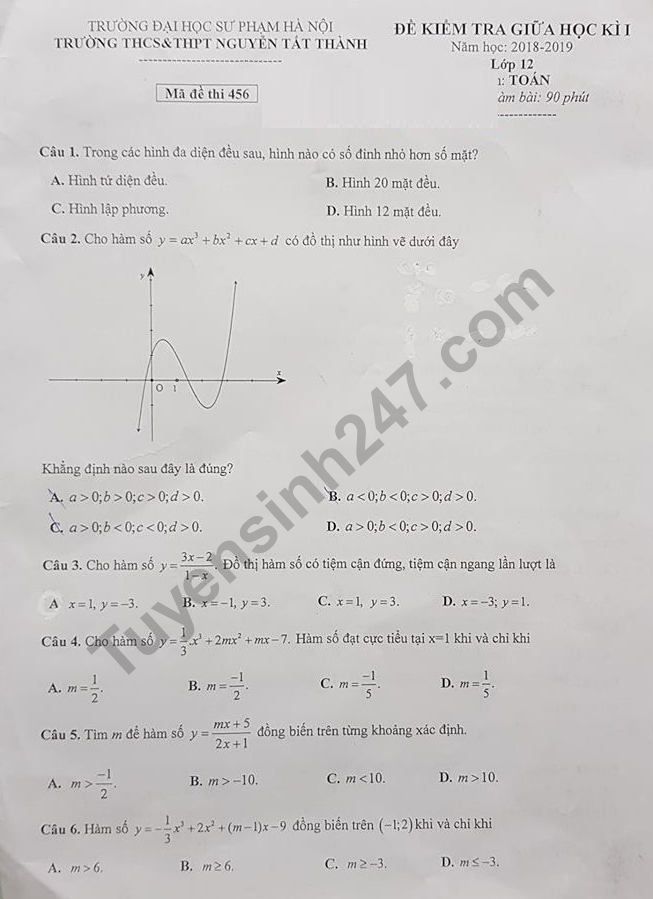 De thi giua ki 1 lop 12 mon Toan - THPT Nguyen Tat Thanh 2018 - 2019