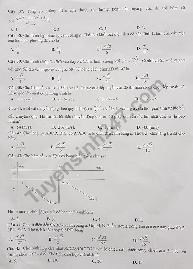 De thi giua ki 1 lop 12 mon Toan - THPT Nguyen Tat Thanh 2018 - 2019