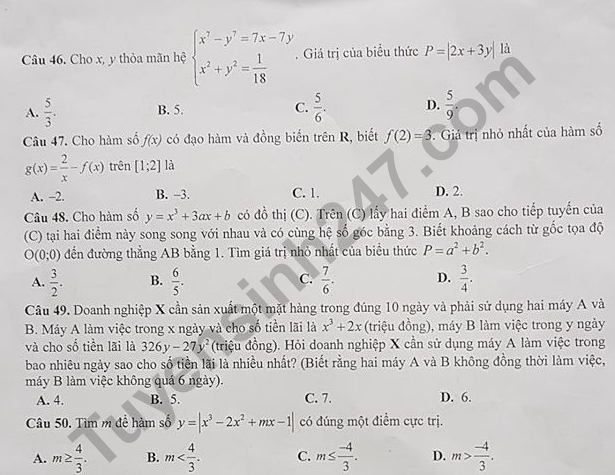De thi giua ki 1 lop 12 mon Toan - THPT Nguyen Tat Thanh 2018 - 2019