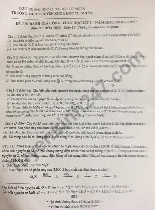 De thi giua ki 1 lop 10 mon Hoa - THPT Chuyen KHTN 2018